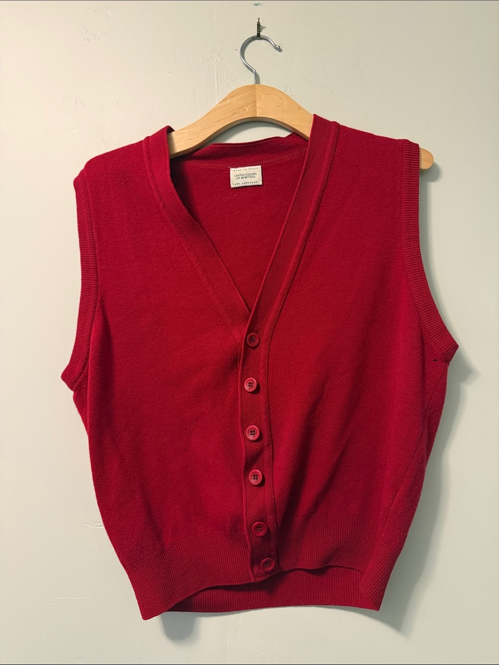 Vintage United Colors Of Benetton Red V-Neck Button Sweater Vest